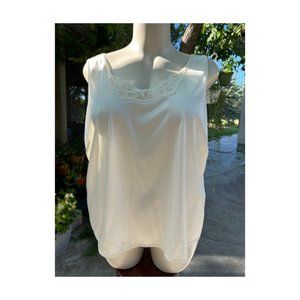 Vintage 80s Nylon Camisole Tank Top Ivory Floral Lace Neckline Sheer